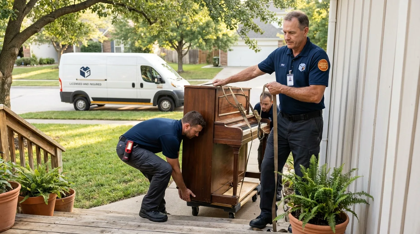 Licensed piano movers securing grand piano in Bloomingdale, GA
