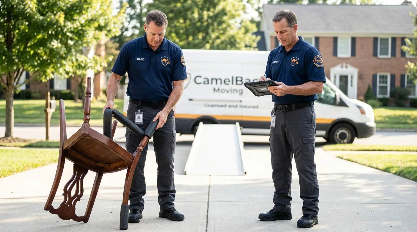 Movers inspecting furniture for damage prevention before loading in Bloomingdale, GA