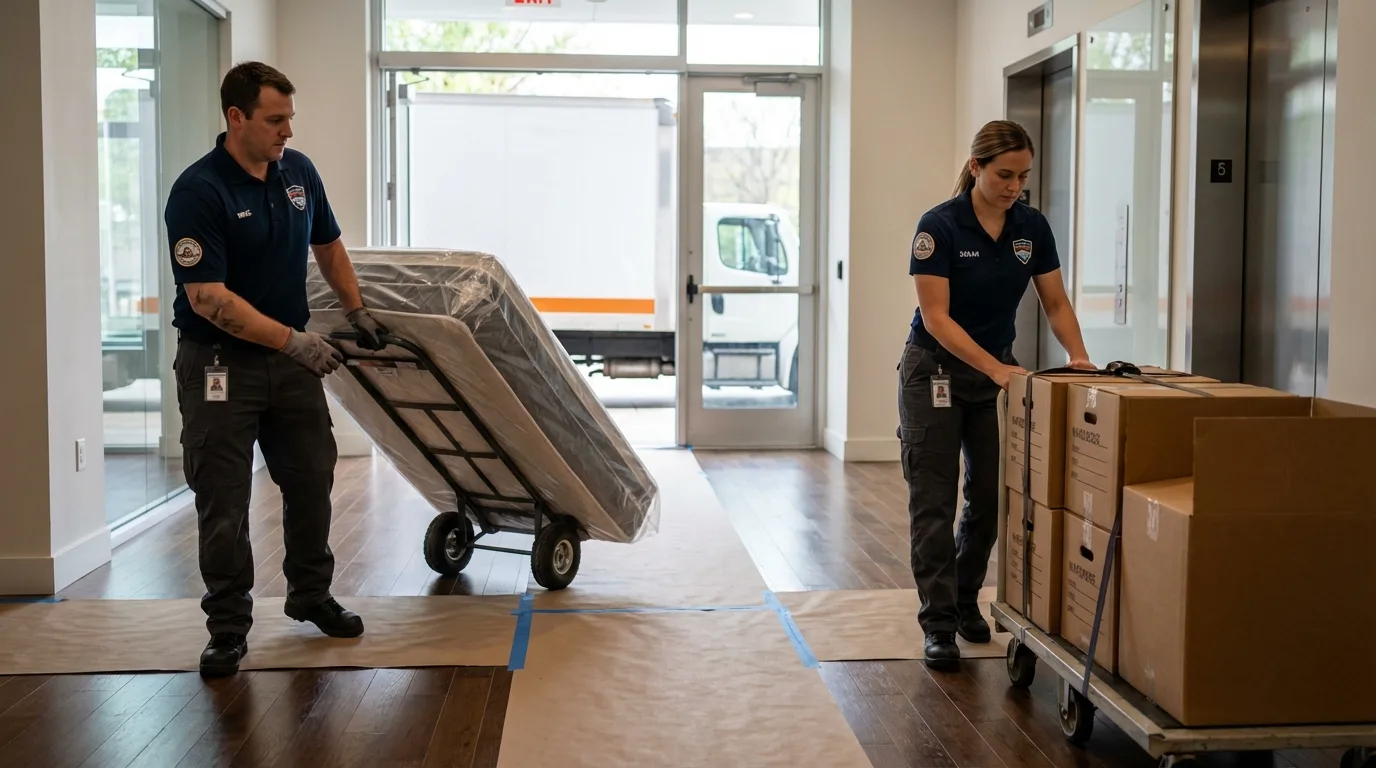 Professional apartment movers loading elevator in Bloomingdale, GA